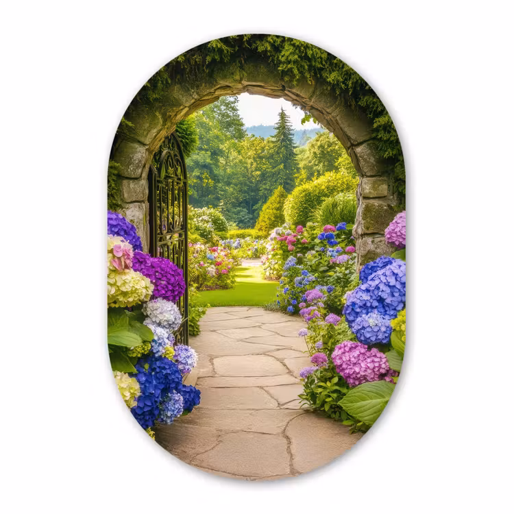 Muurovaal aluminium - Doorkijk - Poort - Hortensia - Bloementuin — 1