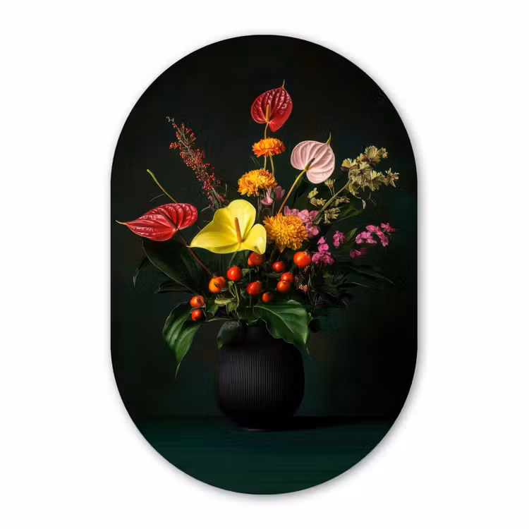 Muurovaal aluminium - Bloemen - Vaas - Zwart — 1
