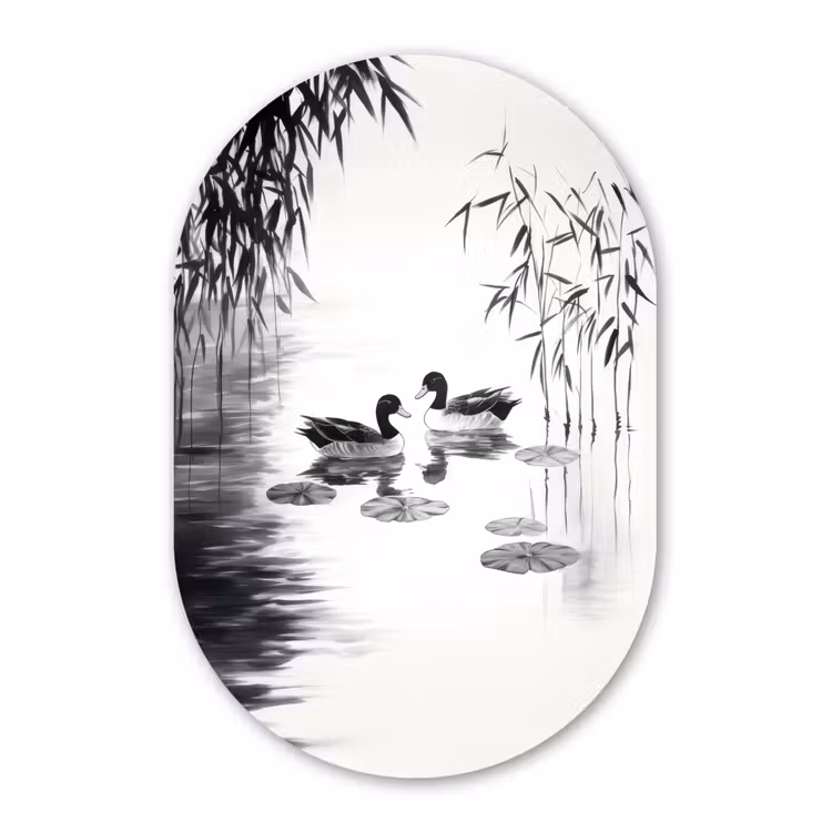 Muurovaal aluminium - Eenden - Waterlelies - Riet - Zwart — 1