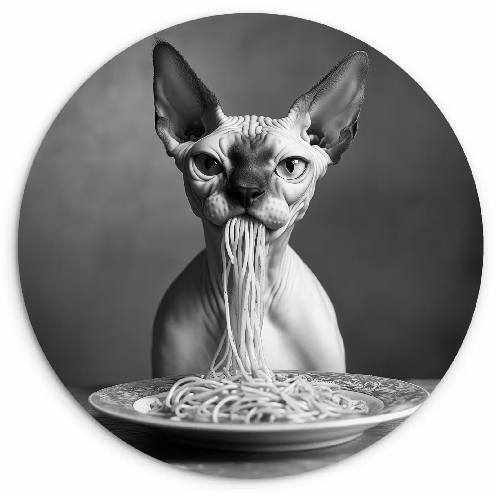 Muurcirkel - Sphynx - Kat - Dieren - Humor - Spaghetti - Zwart Wit — 1