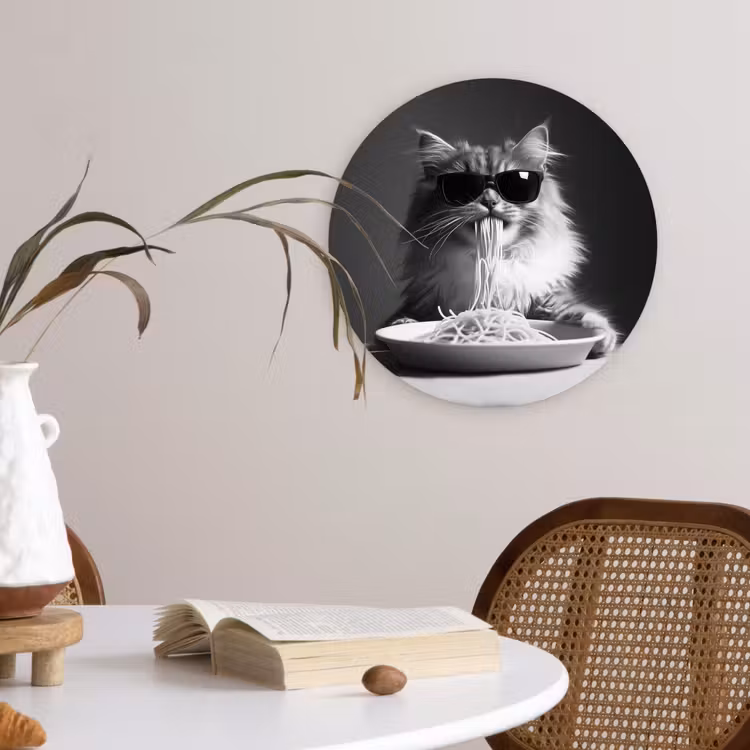 Muurcirkel - Langharige kat - Zonnebril - Spaghetti - Humor - Zwart - wit — 4