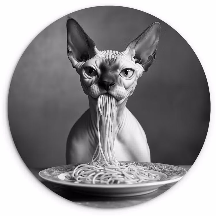 Muurcirkel - Sphynx - Kat - Dieren - Humor - Spaghetti - Zwart Wit — 1