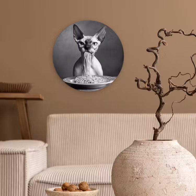 Muurcirkel - Sphynx - Kat - Dieren - Humor - Spaghetti - Zwart Wit — 2