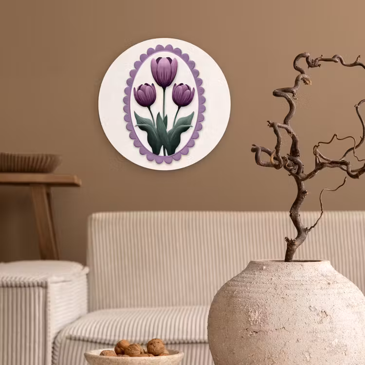 Muurcirkel - Tulpen - Paars - Lijst - Bladeren — 2