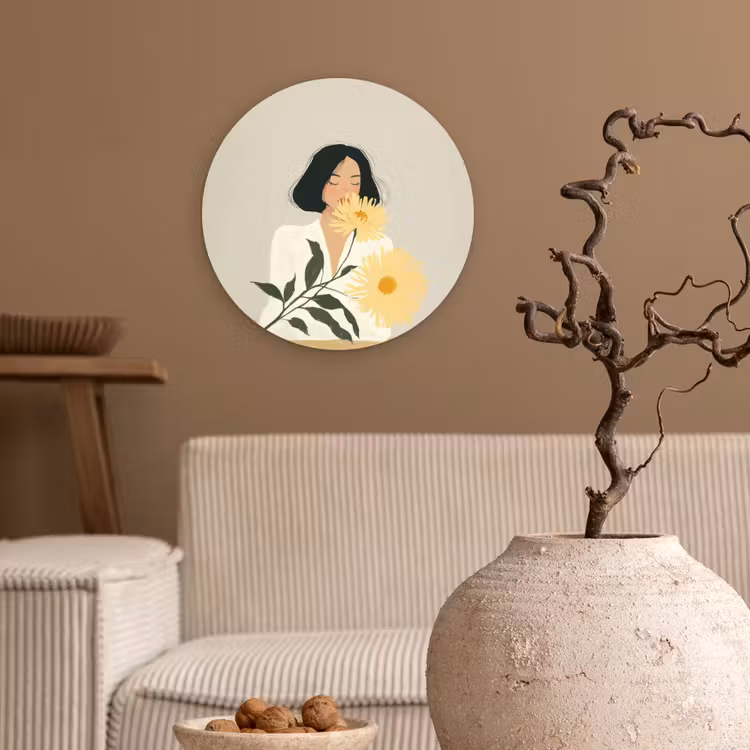 Muurcirkel - Vrouw - Bloem - Geel - Minimalistisch — 2