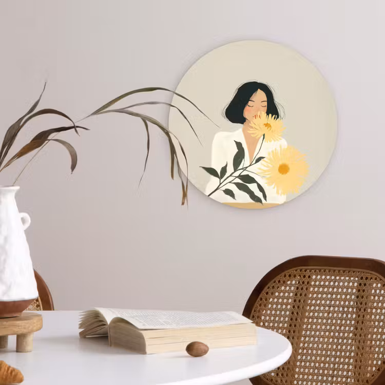 Muurcirkel - Vrouw - Bloem - Geel - Minimalistisch — 4