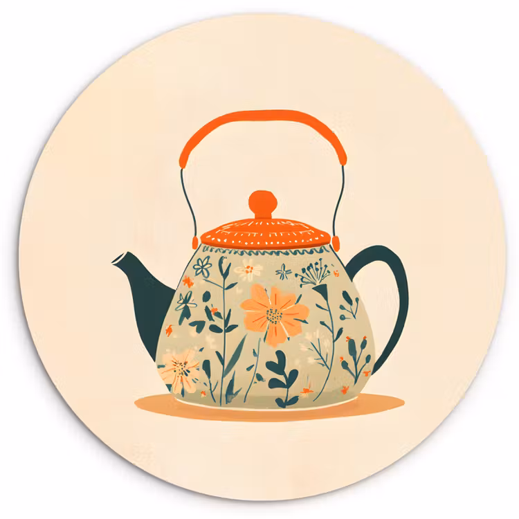 Muurcirkel - Oranje - Theepot - Bloemen - Bladeren — 1