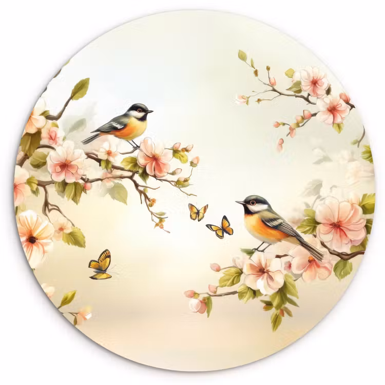 Muurcirkel - Takken - Bloemen - Vogeltjes - Roze — 1