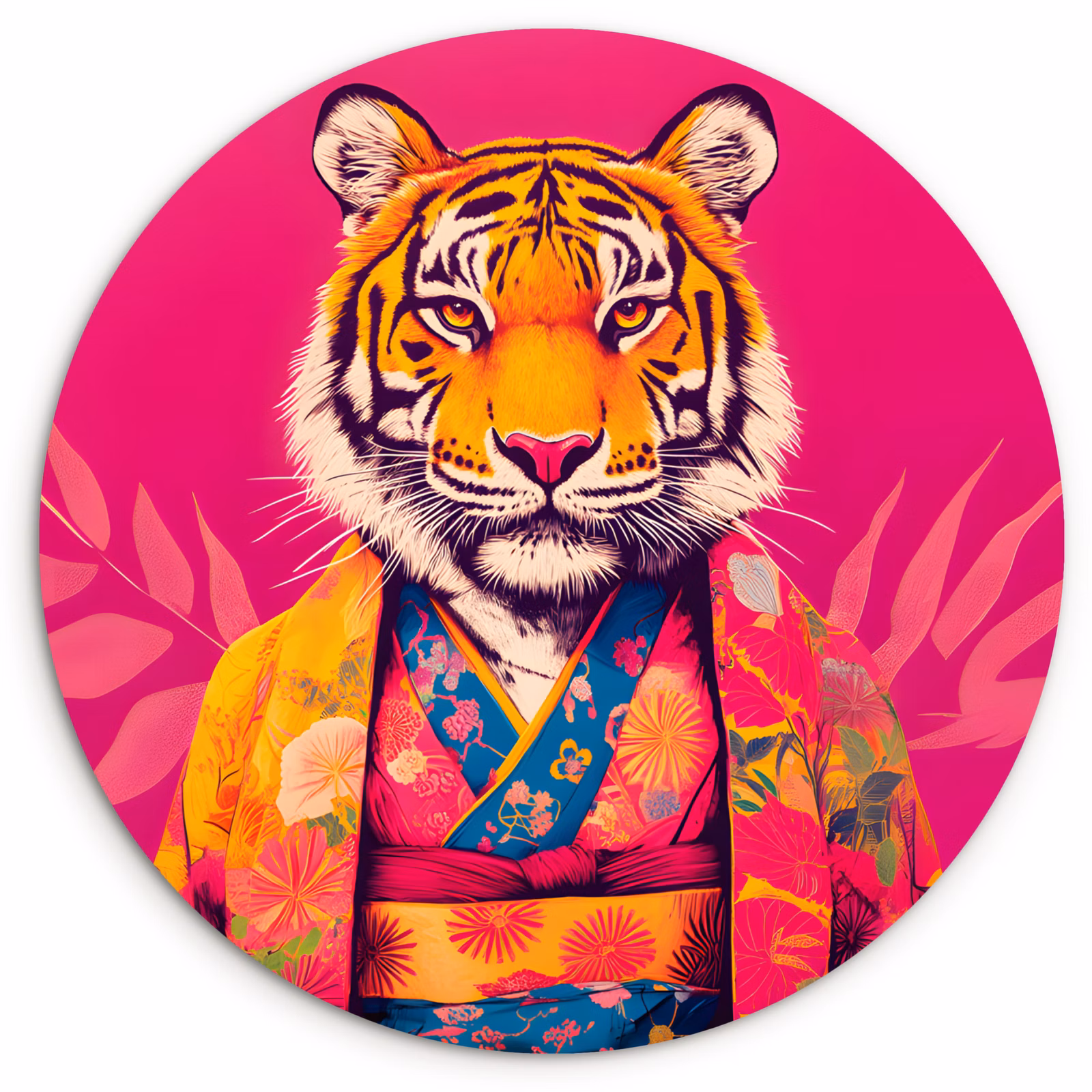 Muurcirkel - Tijger - Kimono - Planten - Roze — 1