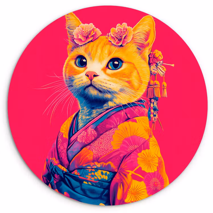 Muurcirkel - Kat - Kimono - Bloemen - Roze — 1
