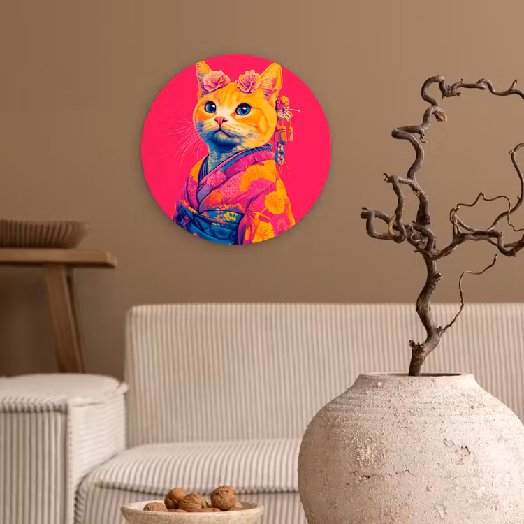 Muurcirkel - Kat - Kimono - Bloemen - Roze — 2