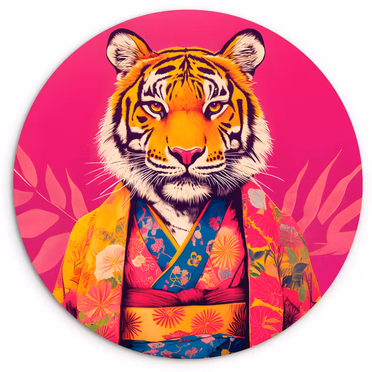 Muurcirkel - Tijger - Kimono - Planten - Roze — 1