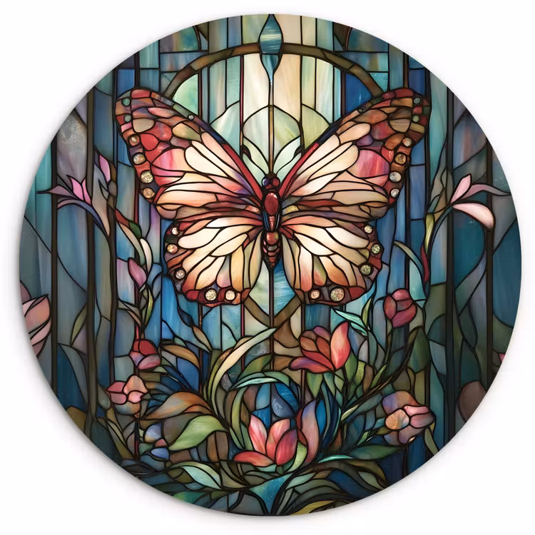 Muurcirkel - Vlinder - Roze - Bloemen - Bladeren — 1