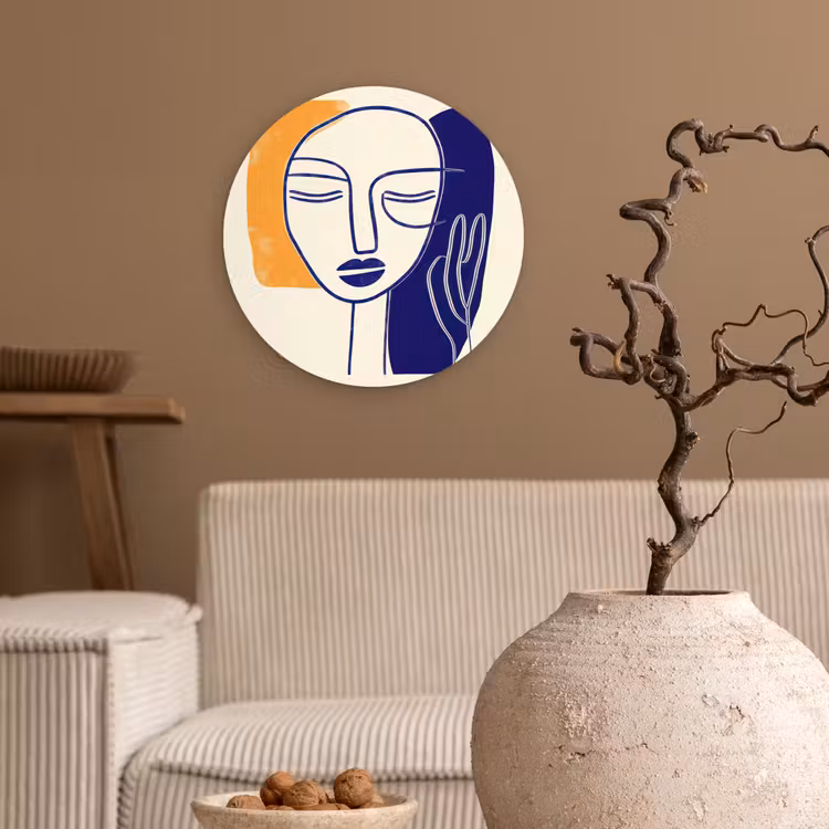 Muurcirkel - Minimalistisch - Gezicht - Hand - Oranje - Blauw — 2