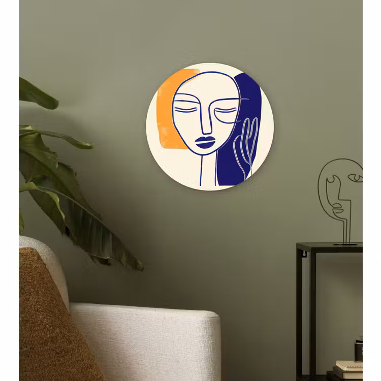 Muurcirkel - Minimalistisch - Gezicht - Hand - Oranje - Blauw — 3