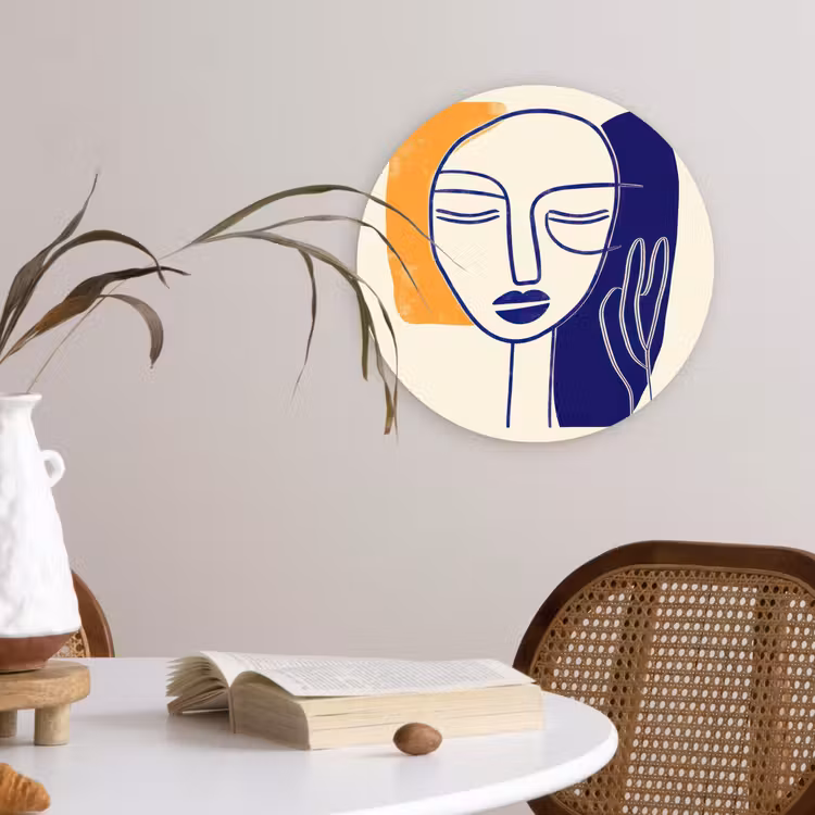 Muurcirkel - Minimalistisch - Gezicht - Hand - Oranje - Blauw — 4