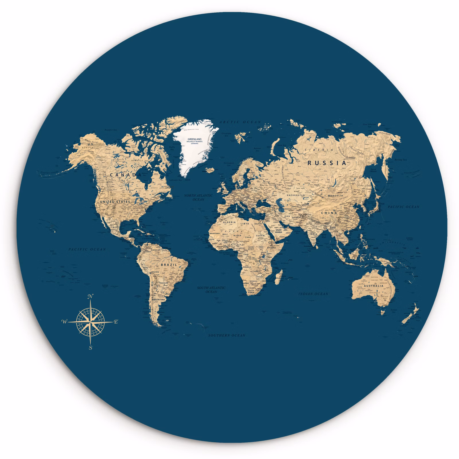 Muurcirkel - Wereldkaart - Donkerblauw - Beige — 1