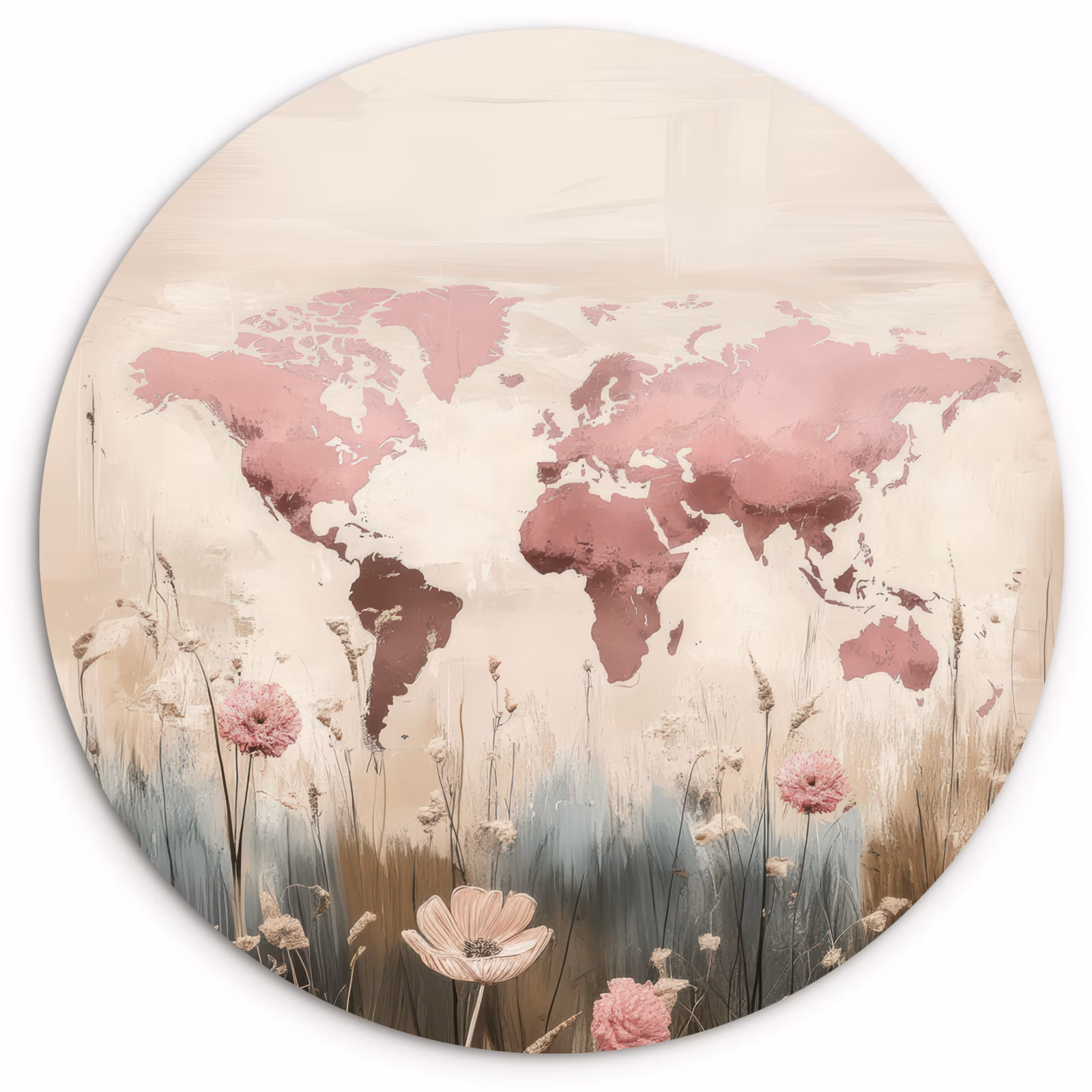 Muurcirkel - Wereldkaart - Roze - Bloemen — 1