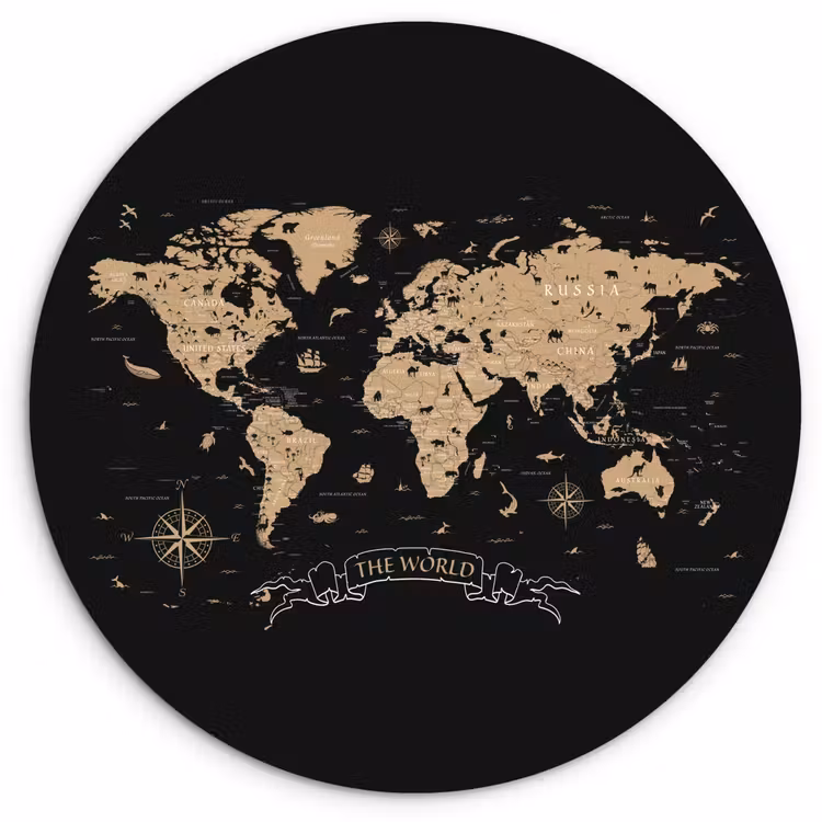 Muurcirkel - Wereldkaart - Beige - Zwart — 1
