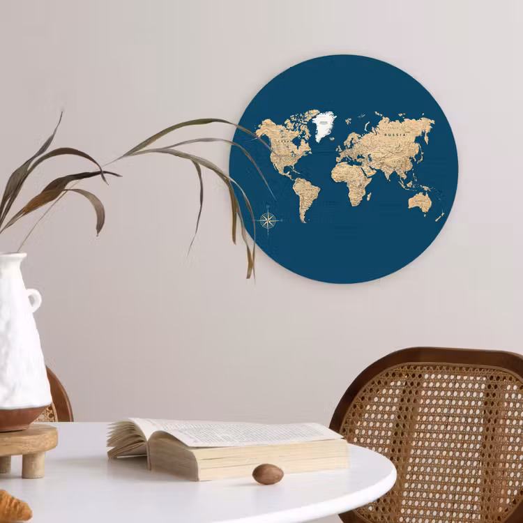 Muurcirkel - Wereldkaart - Donkerblauw - Beige — 4