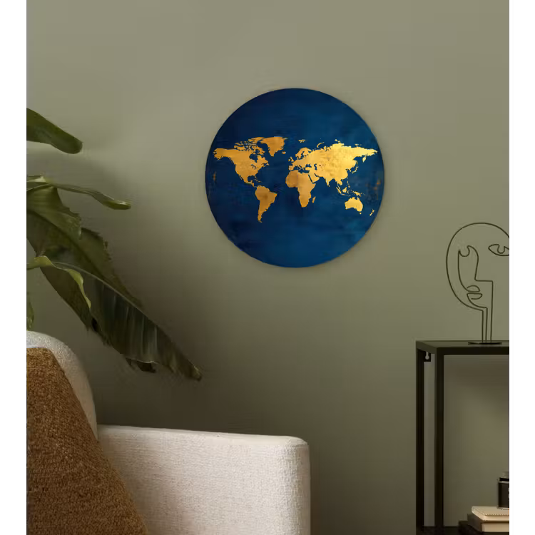 Muurcirkel - Wereldkaart - Goud - Donkerblauw — 3