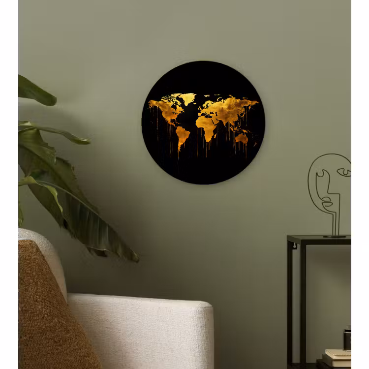 Muurcirkel - Wereldkaart - Goud - Druipen - Zwart — 3