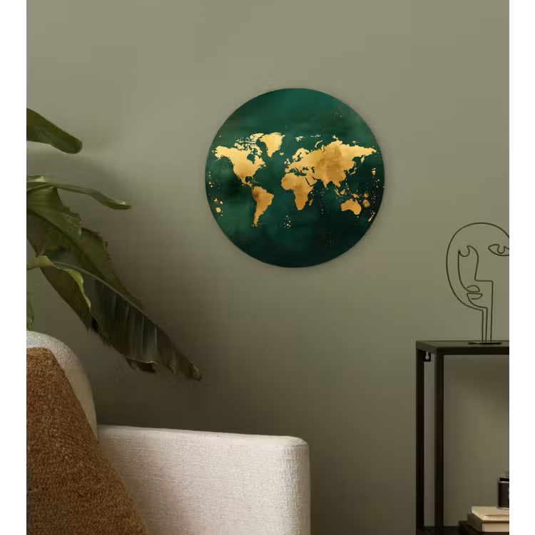 Muurcirkel - Wereldkaart - Groen - Goud — 3