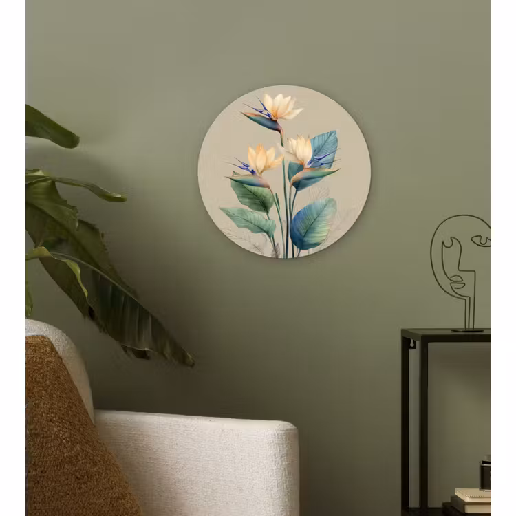 Muurcirkel - Paradijsvogelbloemen - Blauwgroene bladeren - Beige — 3