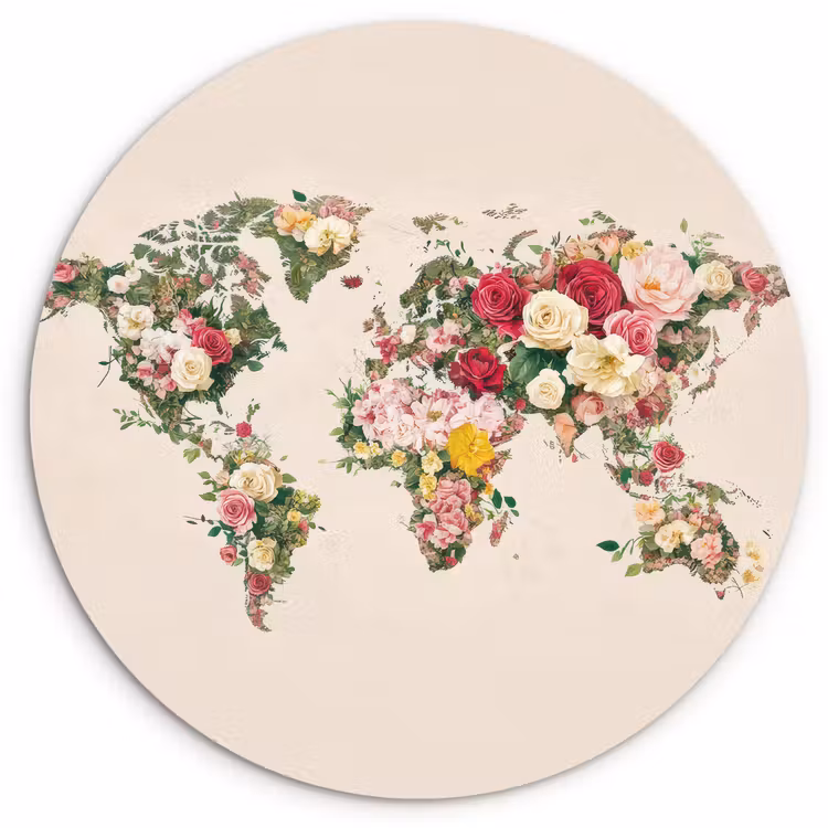 Muurcirkel - Wereldkaart - Bloemen - Roze — 1