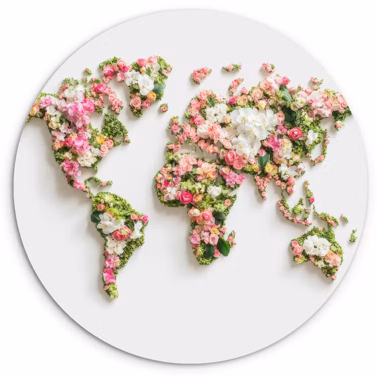 Muurcirkel - Wereldkaart - Bloemen - Subtiel — 1