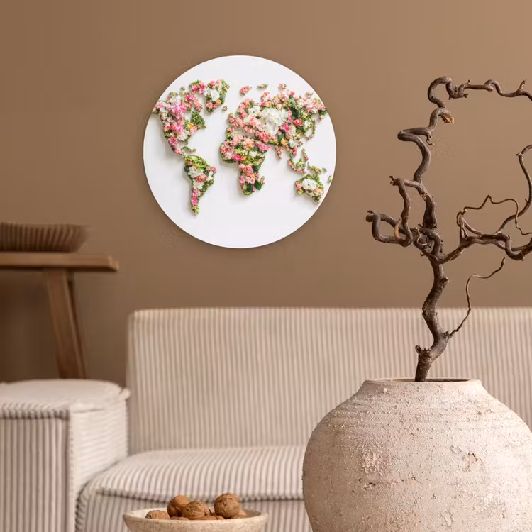 Muurcirkel - Wereldkaart - Bloemen - Subtiel — 2