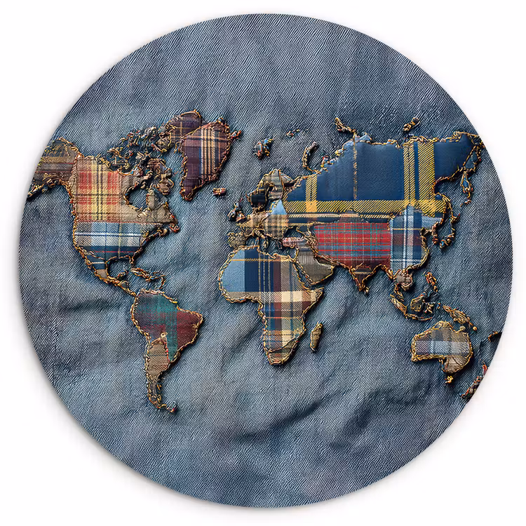 Muurcirkel - Wereldkaart - Denim - Textiel — 1