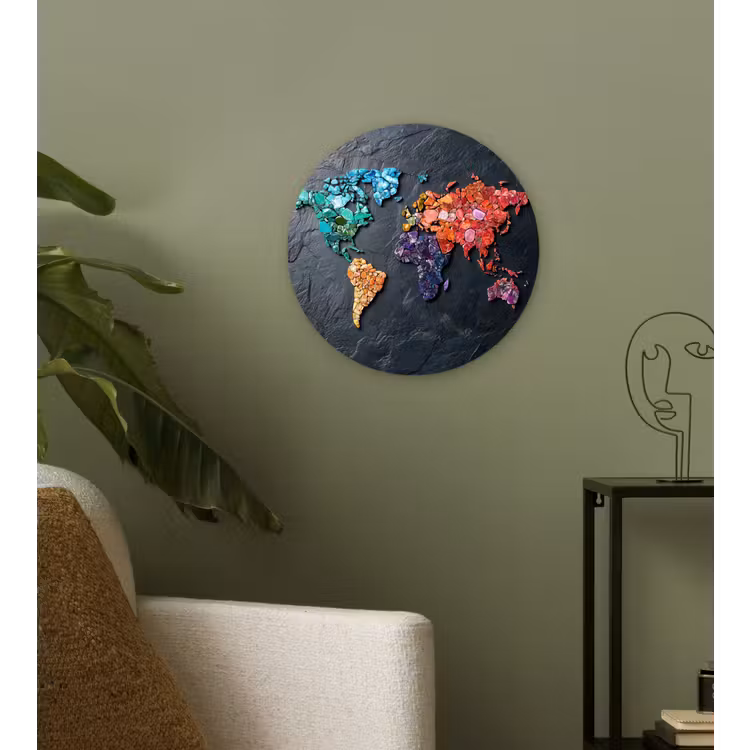 Muurcirkel - Wereldkaart - Edelstenen - Regenboog - Ruw — 3