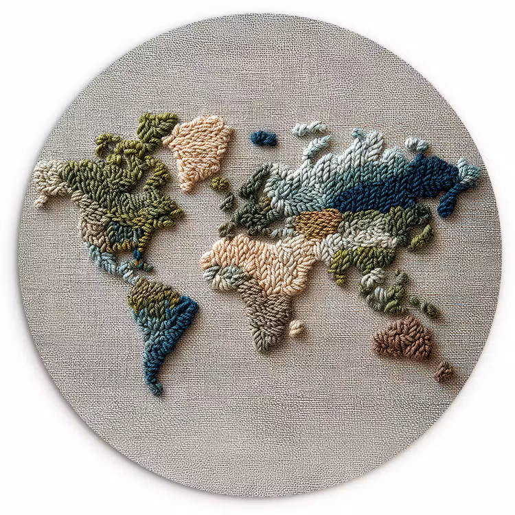 Muurcirkel - Wereldkaart - Geborduurd - Aardetinten — 1