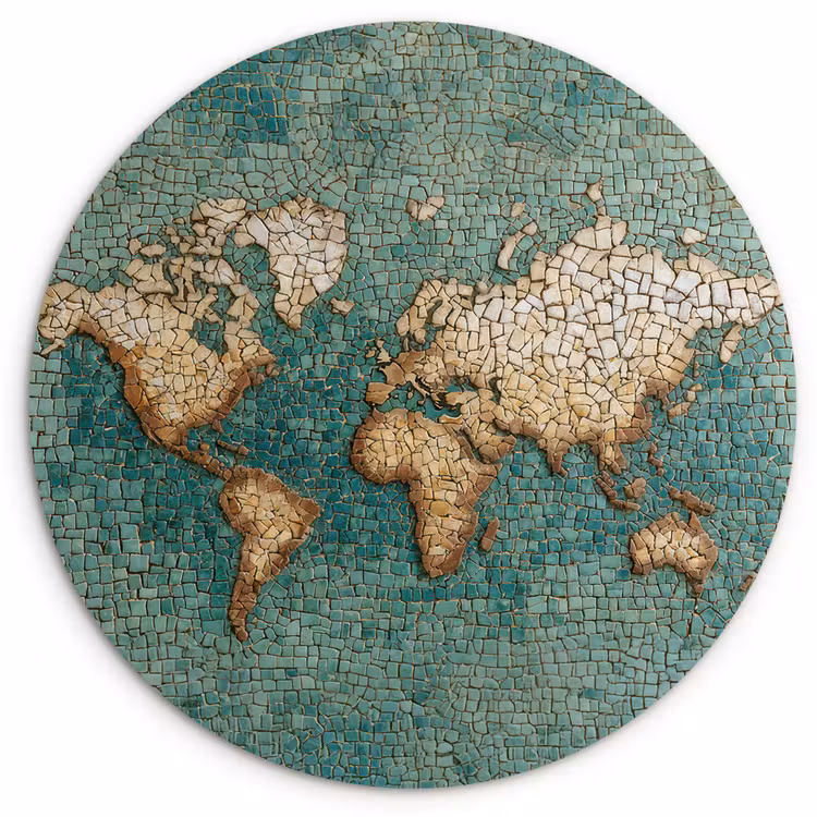 Muurcirkel - Wereldkaart - Gebroken tegels - Mozaïek — 1