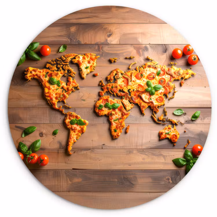 Muurcirkel - Wereldkaart - Pizza - Houten ondergrond — 1