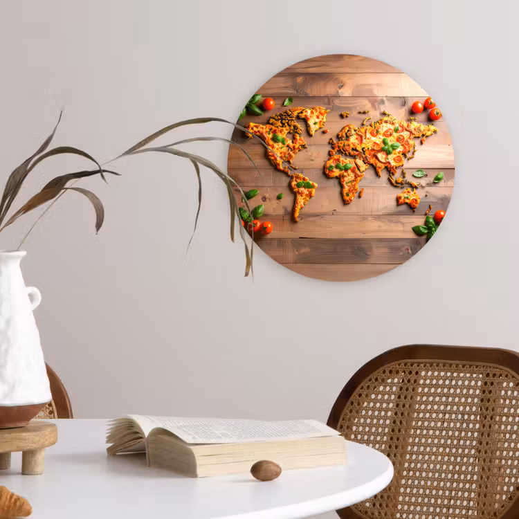 Muurcirkel - Wereldkaart - Pizza - Houten ondergrond — 4