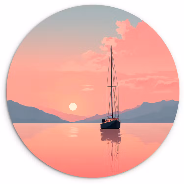 Muurcirkel - Zeilboot - Roze zee - Zonsondergang - Bergen — 1