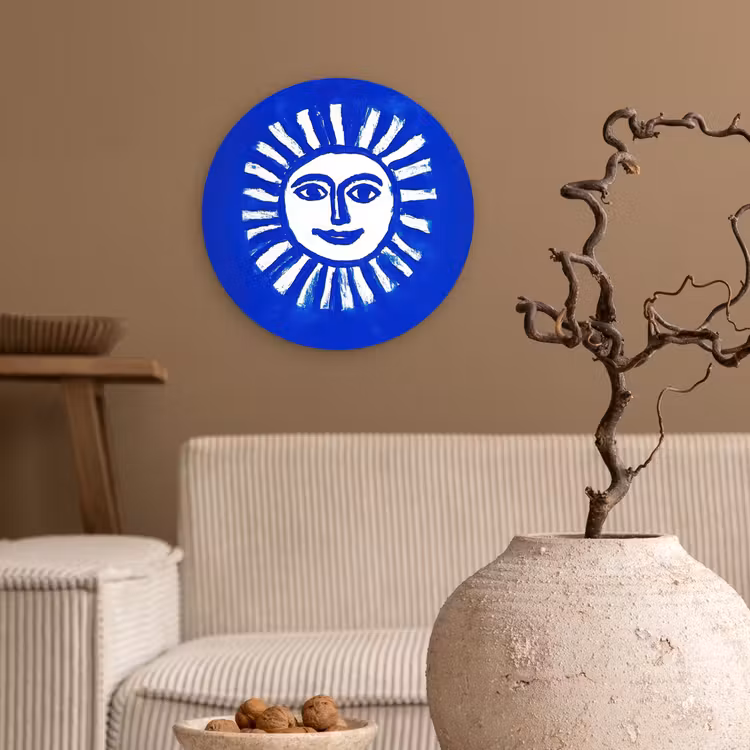 Muurcirkel - Zon - Gezicht - Penseelstructuur - Blauw — 2