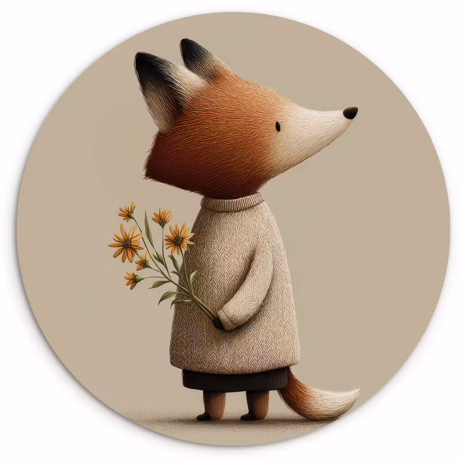 Muurcirkel - Vos - Gele bloemen - Minimalistisch — 1