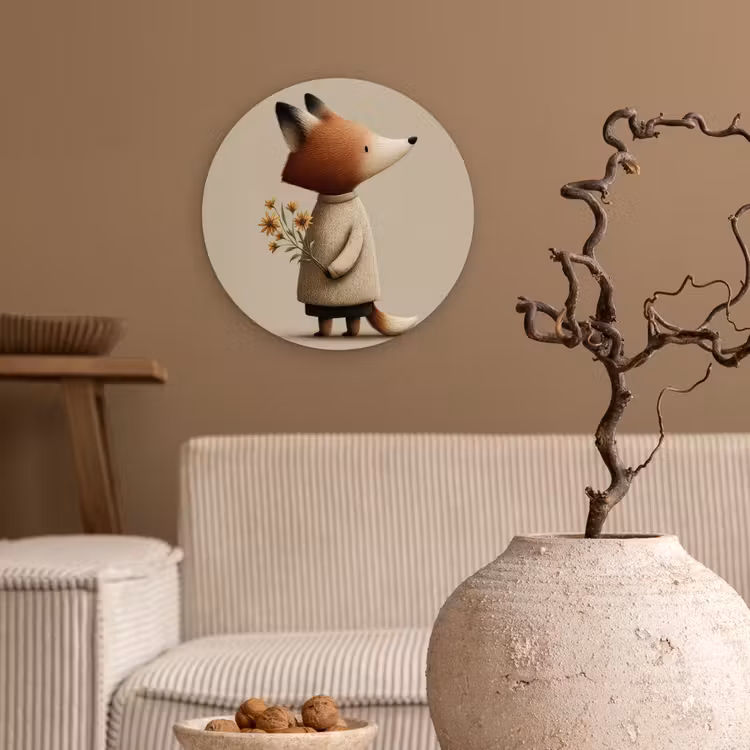 Muurcirkel - Vos - Gele bloemen - Minimalistisch — 2