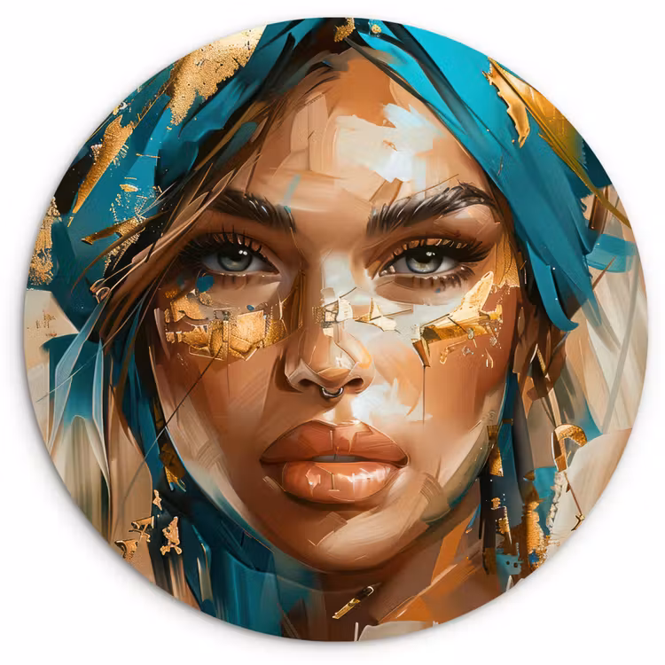 Muurcirkel - Vrouw - Portret - Goud - Luxe - Blauw — 1