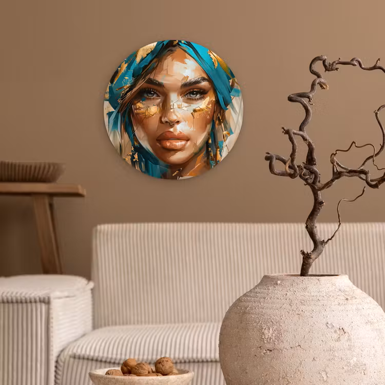 Muurcirkel - Vrouw - Portret - Goud - Luxe - Blauw — 2