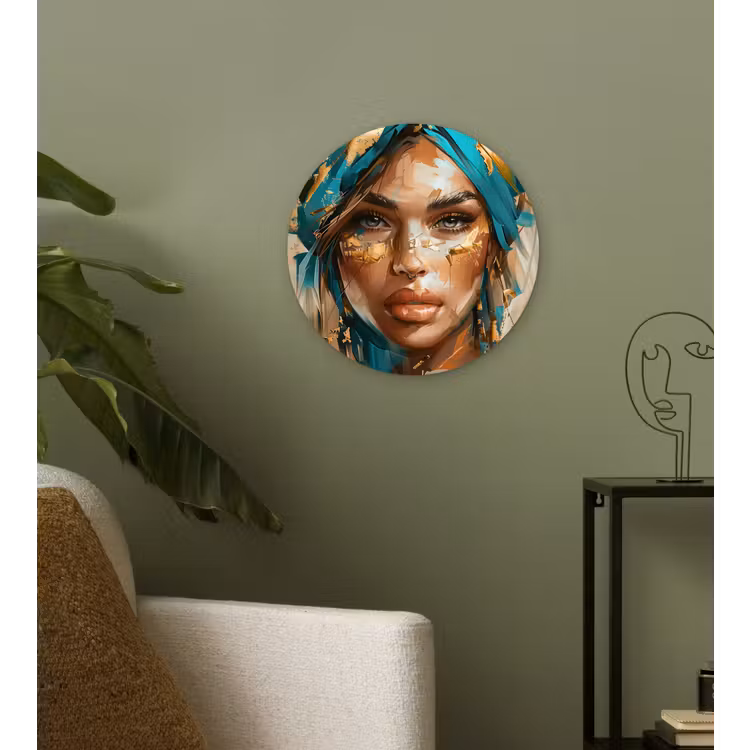 Muurcirkel - Vrouw - Portret - Goud - Luxe - Blauw — 3