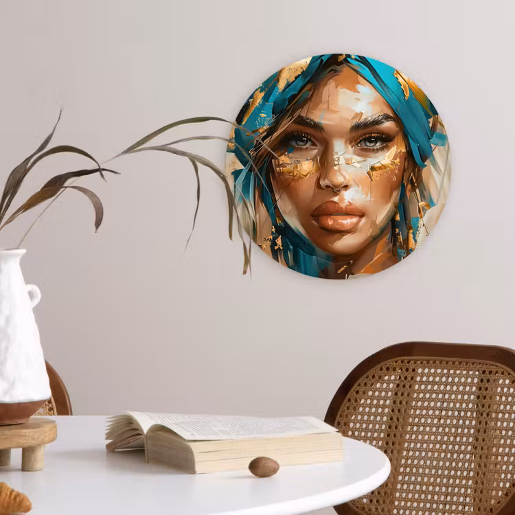 Muurcirkel - Vrouw - Portret - Goud - Luxe - Blauw — 4