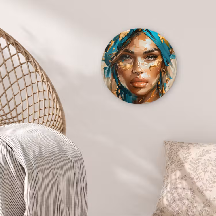 Muurcirkel - Vrouw - Portret - Goud - Luxe - Blauw — 5