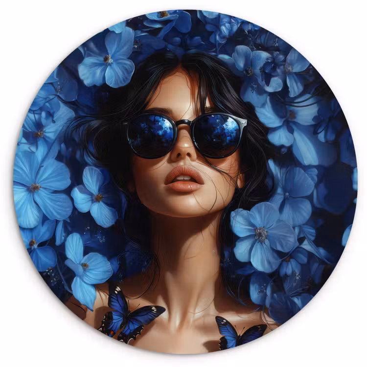 Muurcirkel - Vrouw - Blauw - Bloemen - Vlinders - Natuur — 1