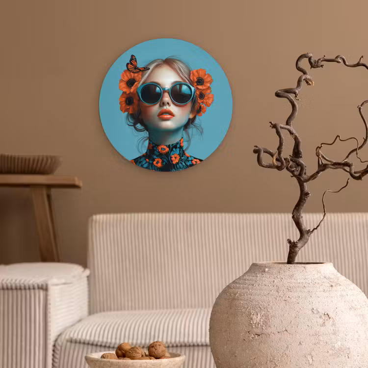 Muurcirkel - Vrouw - Blauw - Vlinder - Bloemen - Aesthetic — 2