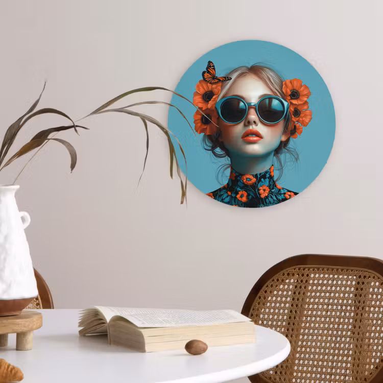 Muurcirkel - Vrouw - Blauw - Vlinder - Bloemen - Aesthetic — 4