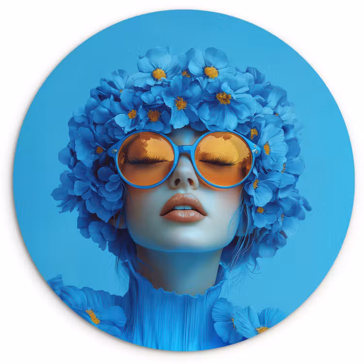 Muurcirkel - Vrouw - Bloem - Blauw - Modern - Bril - Portret — 1